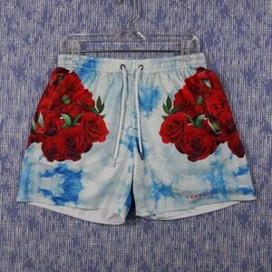 YoungLA Shorts Mens Large Athletic Elastic Waist Blue Red Roses Floral